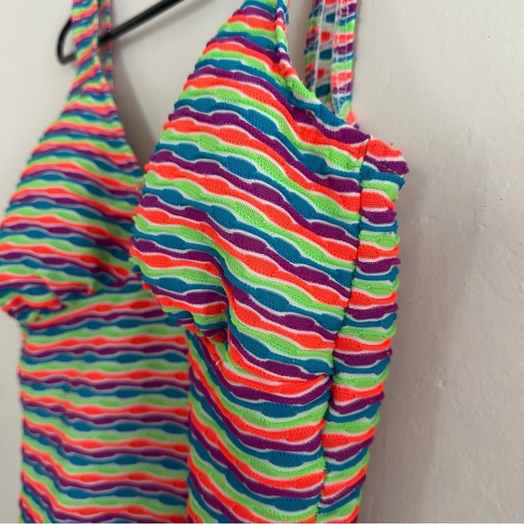 Vintage 90s One Piece Swimsuit Fluorescent Neon Size L/XL Stripes Textured - Picture 3 of 12